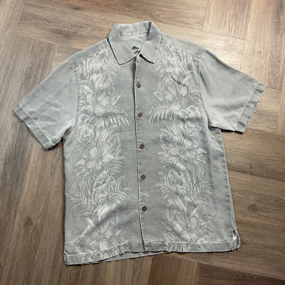 Tommy Bahama 100% Silk Floral Hibiscus Hawaiian Camp Shirt Mens Medium Gray